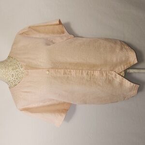 Finity Women's Pastel Pink Short Sleeve 100% Linen Round Neck Button Down SZ M